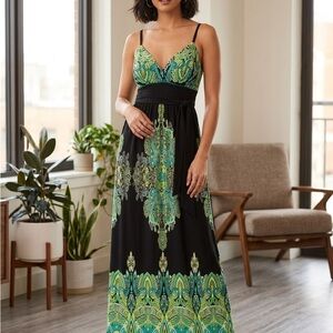 Snap Paisley Boho Maxi Dress Green Black Faux Wrap Bust Empire Waist Size M